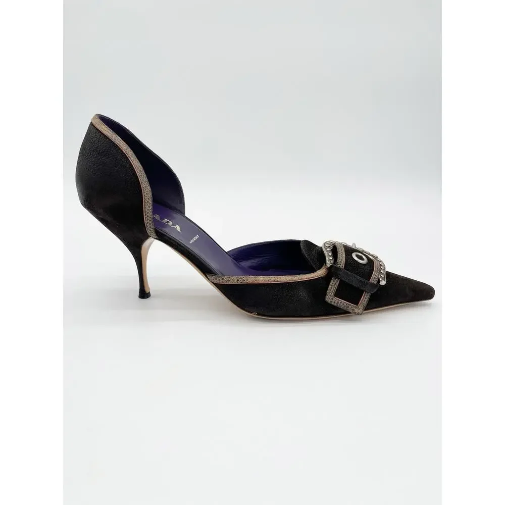Prada Vintage Dark Brown Camel Nubuck Leather Buckle D'Orsay Pumps Heels IT 39.5
